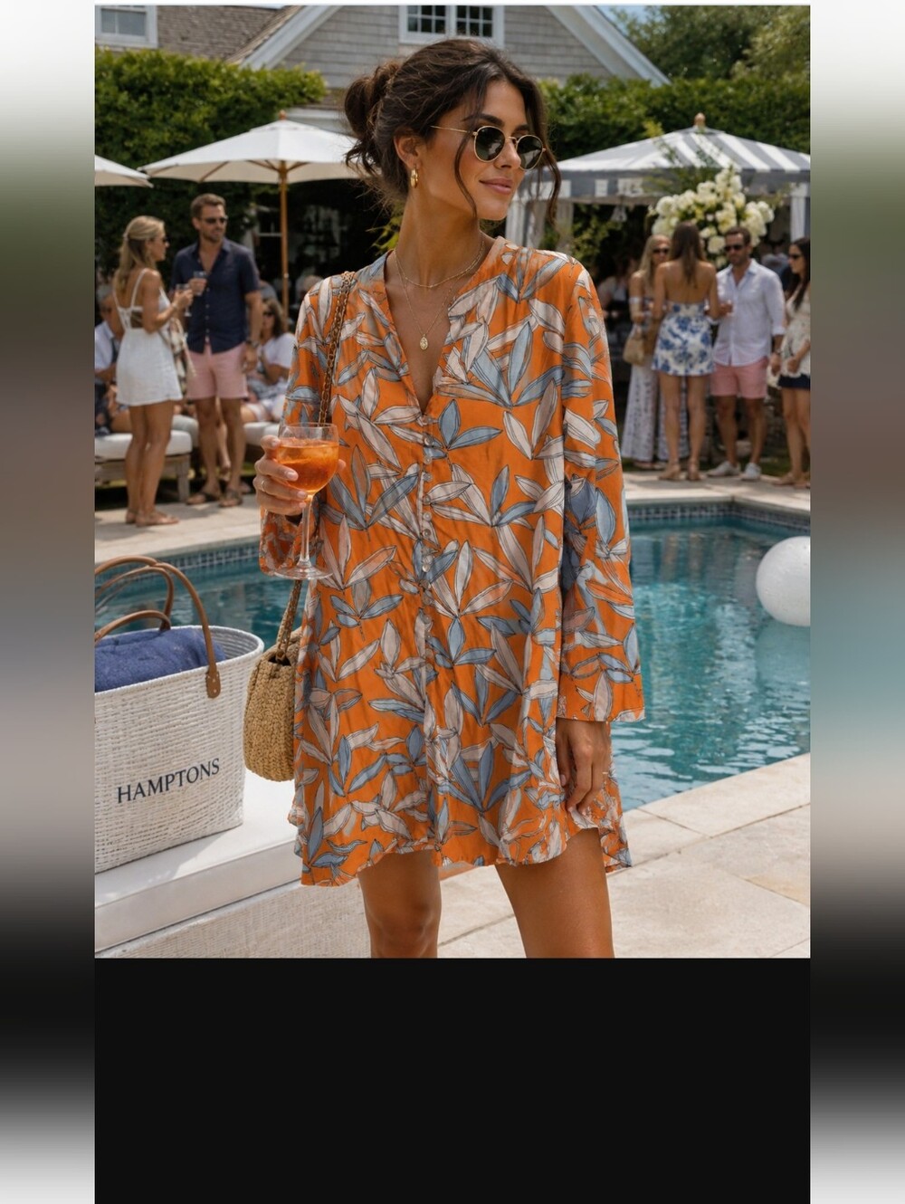 Azulu Orange Floral V-Neck Midi Tunic Dress with Leaf Print. Rayon. Worn Once.